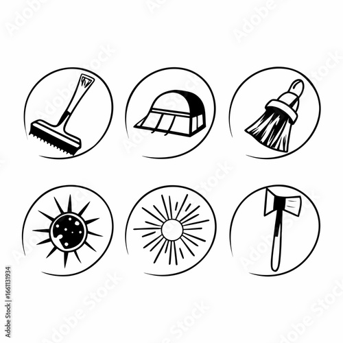 Illustration of a rake, mop, brush, sun, and axe, perfect for cleaning concepts
