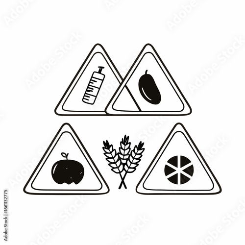 Collection of triangular signs indicating food allergens for package design