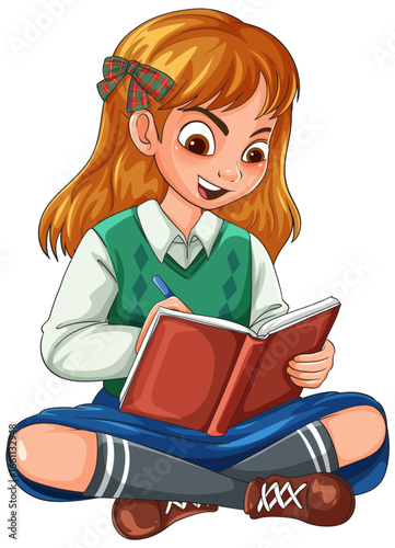 Smiling Schoolgirl Writing in Notebook While Sitting Cross-Legged
