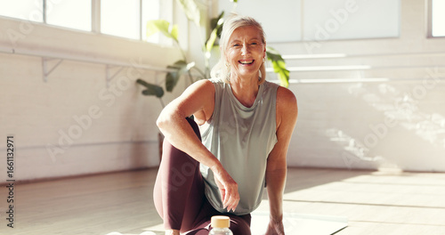 Φωτογραφία Portrait, yoga and senior woman in gym for fitness, health and rest for holistic exercise