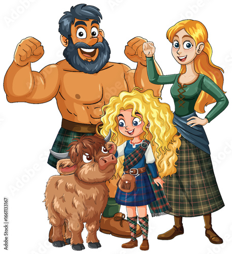 Scottish Family in Traditional Tartan with Highland Cow