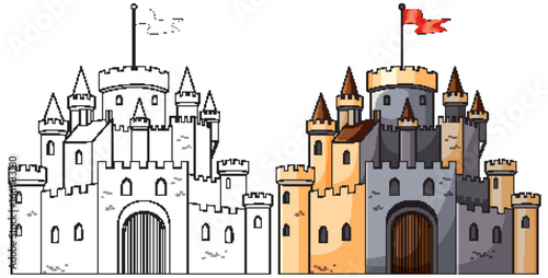 Medieval Stone Castle with Towers and Red Flag
