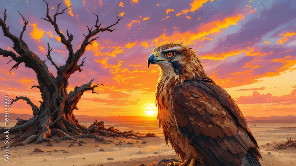 Fototapeta premium Majestic Falcon Perched Against a Vibrant Desert Sunset Sky with Dead Tree