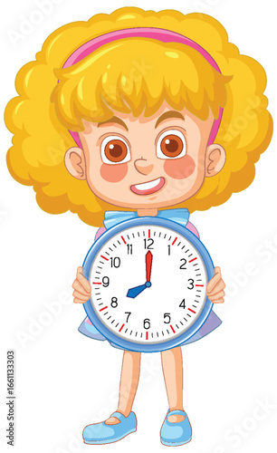 Smiling Girl Holding Analog Clock Illustration
