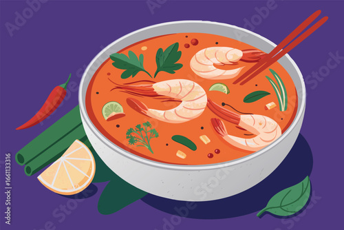A steaming bowl of vibrant tom yum soup, bursting with succulent shrimp, fragrant lemongrass, and fiery chili, a true culinary delight.