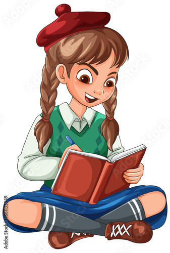 Scottish Schoolgirl Reading and Writing in Notebook