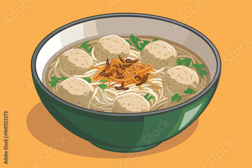 Steaming, authentic Indonesian bakso meatball soup, garnished with crispy fried shallots, a comforting bowl.