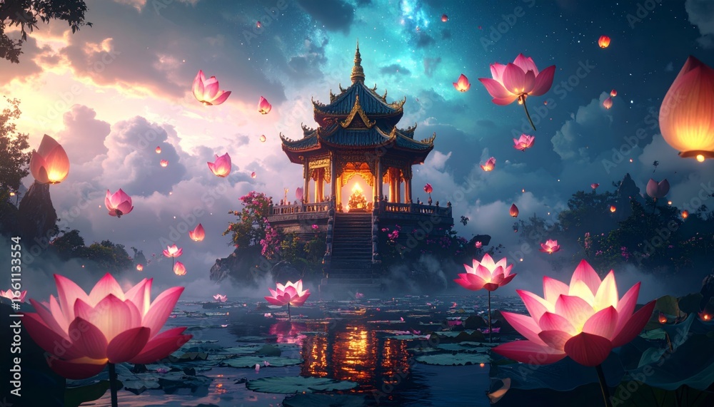 Obraz premium A serene temple floating above the clouds, surrounded by glowing lotus flowers