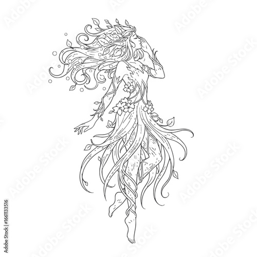 Elegant Dryad Nature Spirit Line Art Illustration.