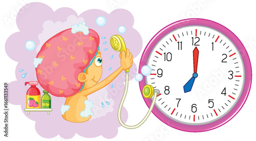 Child Showering with Clock Showing Bath Time