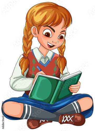 Smiling Schoolgirl with Braids Reading a Book