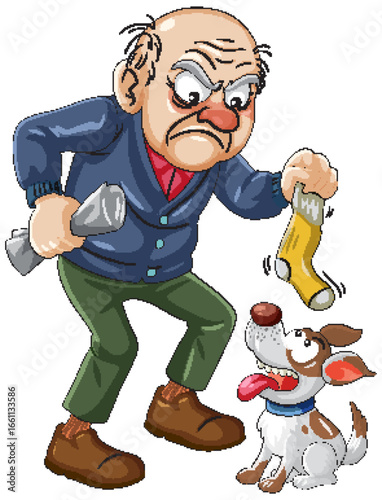 Angry Elderly Man Scolding Dog With Stolen Sock