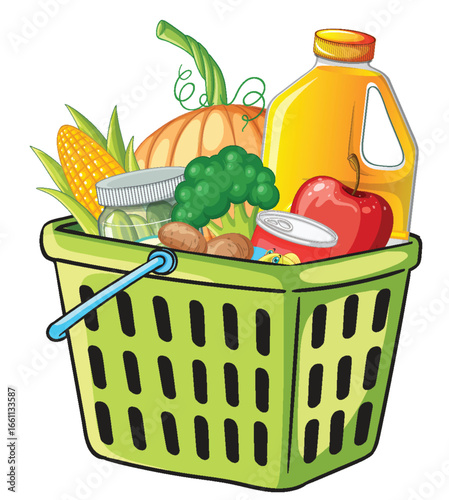 Grocery Basket Filled With Fresh Food and Drinks