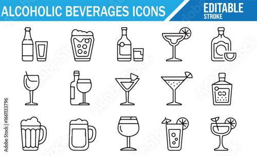 Set of Icons Featuring Popular Alcoholic Drinks and Cocktails