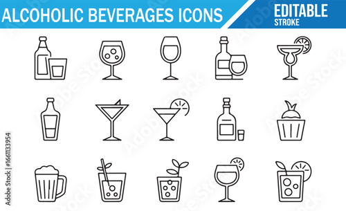 Collection of Alcoholic Beverages Icons – Drinks, Cocktails, Liquor Bottles, and Glassware Symbols