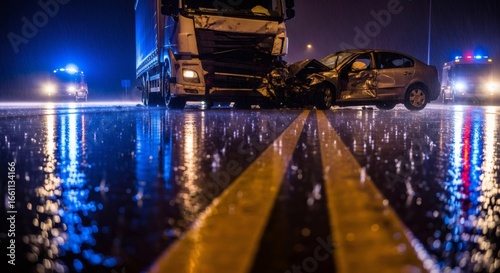 A major road accident involving a large truck and a car on a wet highway during a rainy night with flashing police warning lights.