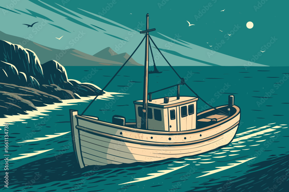 Obraz premium -traditional-wooden-fishing-boat-sailing-near-shor.eps