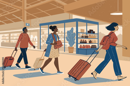 Diverse travelers navigating a bustling airport duty-free shop, a vibrant hub of global commerce.