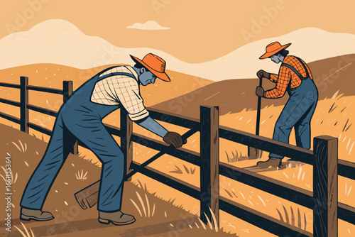 Two farmers diligently construct a rustic wooden fence to enclose grazing cattle, reinforcing pasture land.
