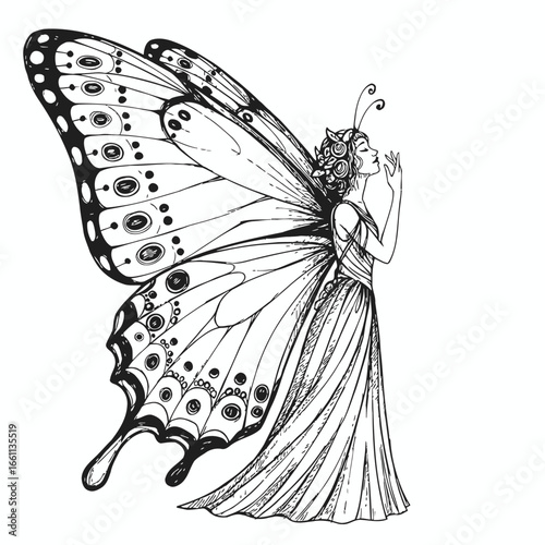 Elegant fairy woman with beautiful butterfly wings line art.