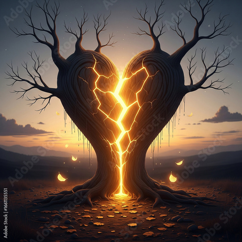 The Glowing Fracture A Mystical Depiction of a Broken Heart Formed by Ancient Trees, Illuminated by Golden Energy at Sunset