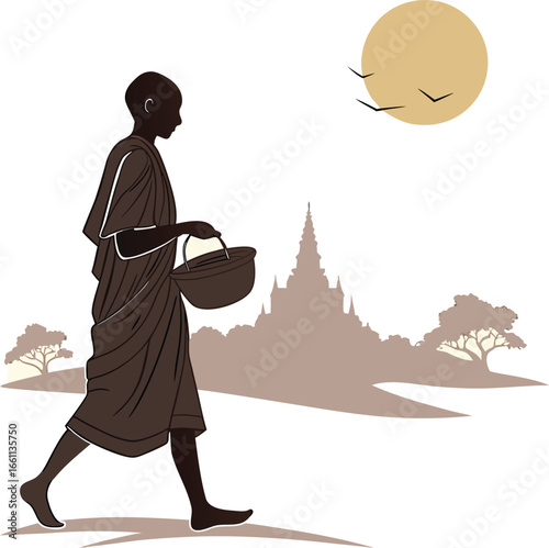 buddhist monk walking with alms bowl at sunrise