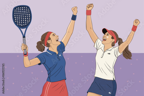 Joyful female padel players, exhilarated, triumphant, celebrating a hard-fought win, pure elation, competitive spirit, athletic achievement, sportsmanship, passion, energy, team effort, intense match.