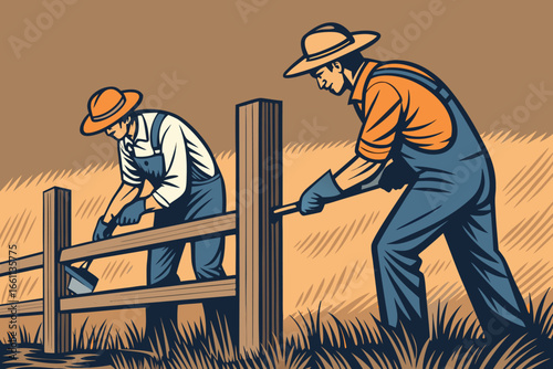 Two experienced farmers diligently constructing a sturdy wooden fence for their cattle herd.