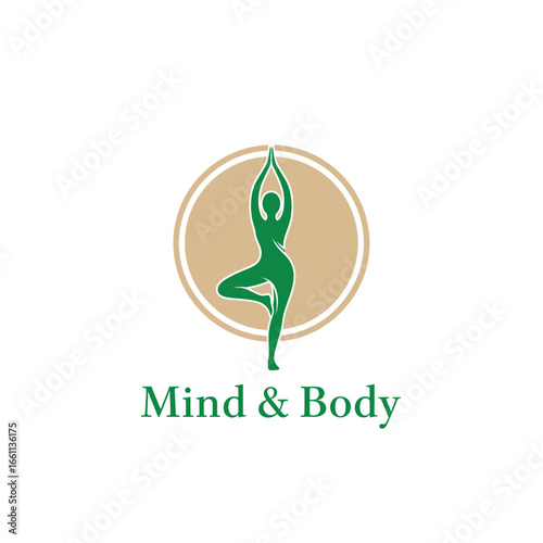 Green yoga logo. Woman in tree pose. Mind & Body.