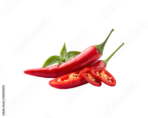 A fresh red chili pepper with several sliced pieces
