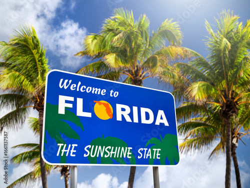 Fototapeta Naklejka Na Ścianę i Meble -  Florida welcome sign on tropical beach