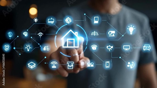Smart Home Technology at Fingertips: A person interacts with an illuminated graphic interface representing smart home technology, with icons depicting various smart devices and systems.
