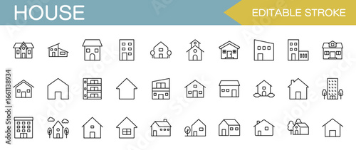 House line icon set – Includes home, real estate, building, apartment and architecture. Editable stroke. Vector illustration.