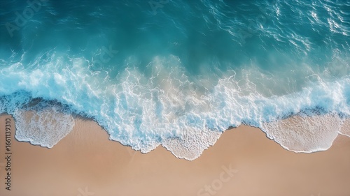 tranquil seashore with soft waves rolling onto sandy beach. detailed texture of water and sand, relaxing and peaceful ocean scene