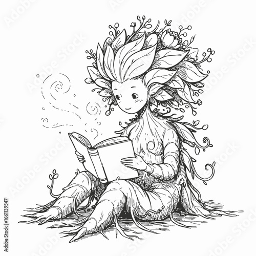 Enchanting Forest Spirit Reading a Magical Book.