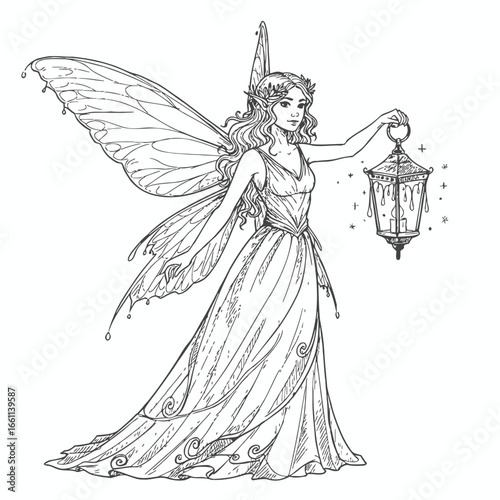 Enchanting Fairy with Lantern Line Art Illustration.
