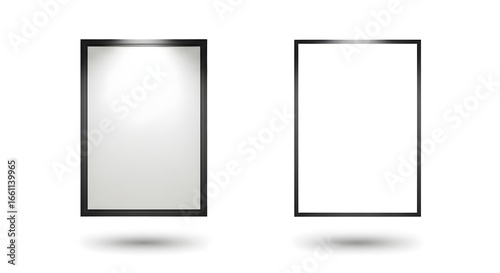 Two blank vertical picture frames with shadows, one empty and one illuminated, isolated on a white background