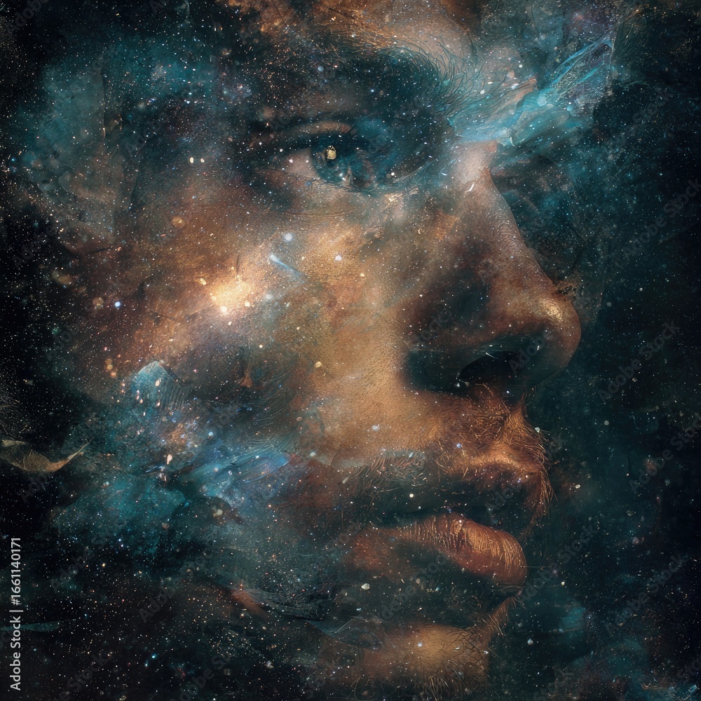 Fototapeta premium Profile of a face composed of cosmic nebulae, with starlight