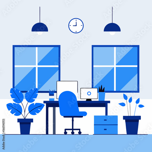 Minimalist illustration of a modern office interior with clean lines and geometric shapes
