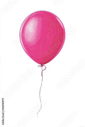 A vibrant, glossy hot pink balloon floats against a pure white background. Its smooth, rounded surface shows subtle shading and highlights. A thin, light-colored string descends from the bottom