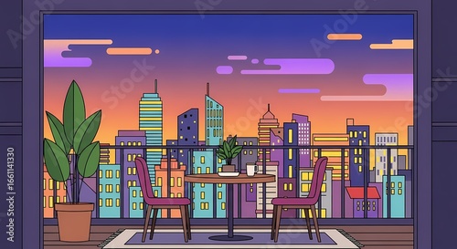 Modern balcony view overlooking colorful city buildings at sunset