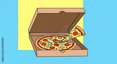 Open pizza box with fresh slices on blue background