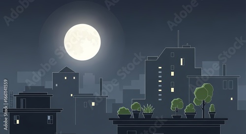 Night cityscape with full moon above urban buildings