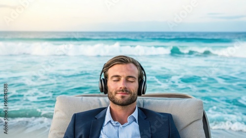 A man relaxes on the beach, wearing headphones while enjoying the ocean waves.