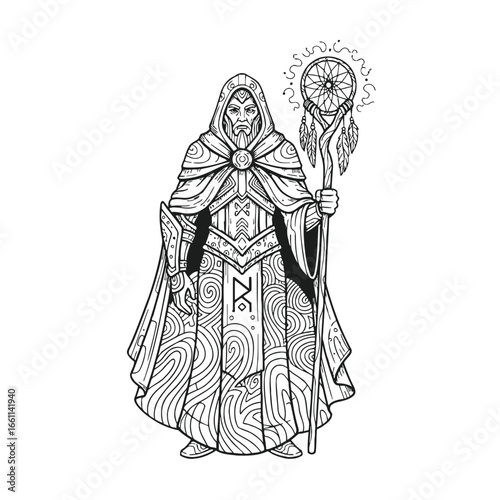 Fantasy Druid Sorcerer Line Art Illustration.