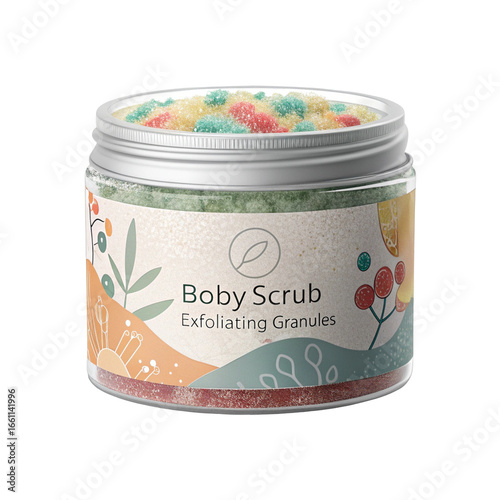 Body scrub jar isolated on clean white background for skincare and wellness product