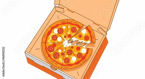 Pizza in an open box with cheese and toppings illustration
