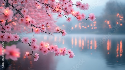 Pink cherry blossoms over water at dawn