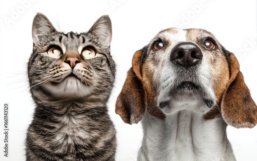 Close-up of a cat and dog looking upward (1)