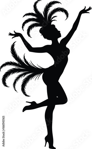 Showgirl Dancer Silhouette with Feather Costume Vector Illustration